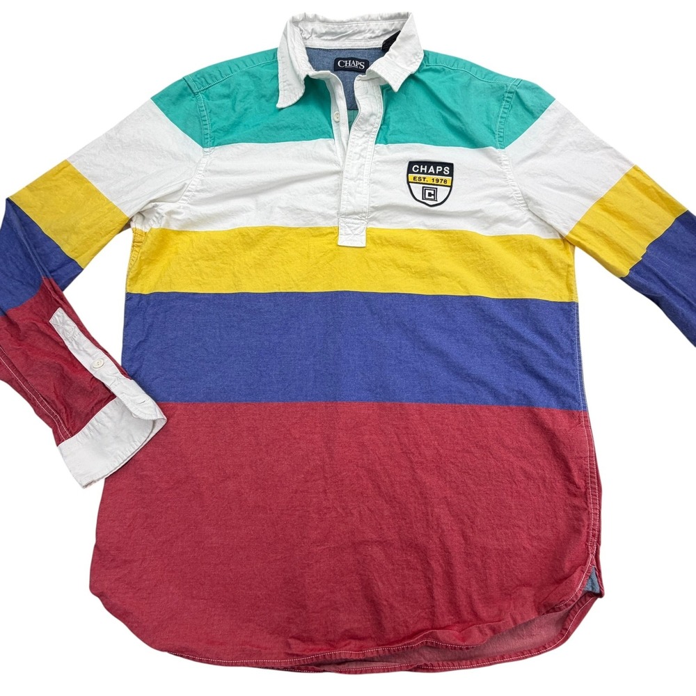 Chaps Rugby Shirt Mens L Multicolor Long Sleeve Button Stripe Colorblock Logo